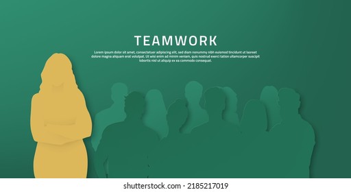 Business people silhouettes in paper cut style. Business team ready to work with boss. Business management teamwork meeting and brainstorming. Banner with copy space. 