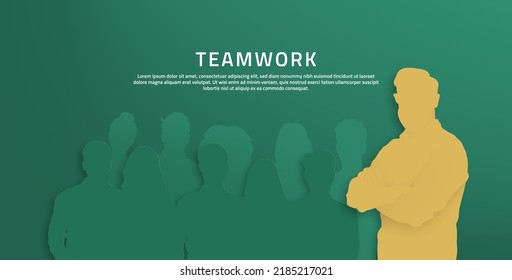 Business people silhouettes in paper cut style. Business team ready to work with boss. Business management teamwork meeting and brainstorming. Banner with copy space. 