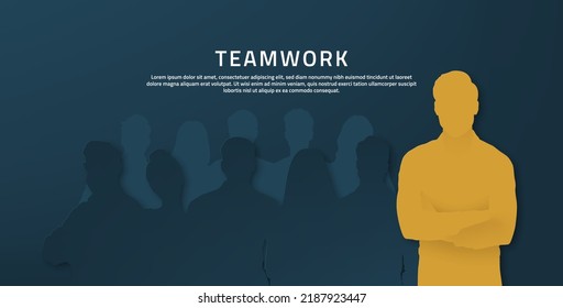 Business people silhouettes in paper cut style. Business team ready to work with boss. Business management teamwork meeting and brainstorming. Banner with copy space.