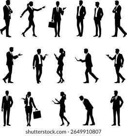 Business People Silhouettes Set 16 Corporate Poses Vector Icons
