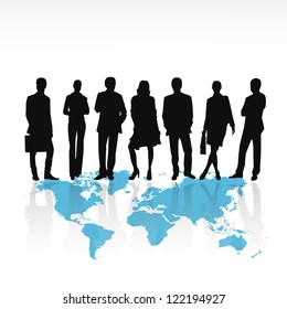 Business people silhouettes standing on world map isolated on white background - Vector illustration