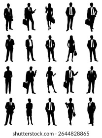 Business People Silhuetas em várias posas, silhuetas vetoriais pretas de profissionais de negócios, tanto homens como mulheres, em diferentes poses.business, profissional, pessoas, silhuetas, homens, mulheres, negócios