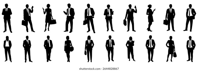 Business People Silhuetas em várias posas, silhuetas vetoriais pretas de profissionais de negócios, tanto homens como mulheres, em diferentes poses.business, profissional, pessoas, silhuetas, homens, mulheres, negócios