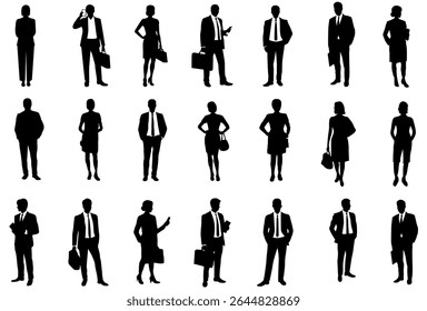 Business People Silhuetas em várias posas, silhuetas vetoriais pretas de profissionais de negócios, tanto homens como mulheres, em diferentes poses.business, profissional, pessoas, silhuetas, homens, mulheres, negócios