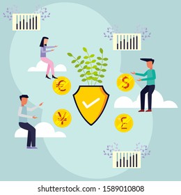 Business people sit in clouds surrounded by coins. Success in doing business and experiencing economic growth. Investment profit strategy vector illustration