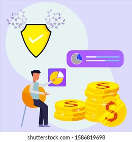 Business people sit in comfortable chairs with stacks of coins, graphics and flowers. Experience economic growth and success in business.