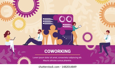 Business People Sitting around Huge Set Up Puzzle Pieces. Businessmen and Businesswomen Perfect Coworking Group Creative Project Working Process Cartoon Flat Vector Illustration Horizontal Banner.