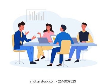 Business people sitting around table. Team group of men and women talking with leader. Teamwork, negotiation concept. Vector illustration in flat style