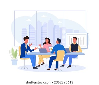 Business people sitting around table with city background. Team group of men and woman talking with leader. Teamwork, negotiation concept. Vector illustration in flat style