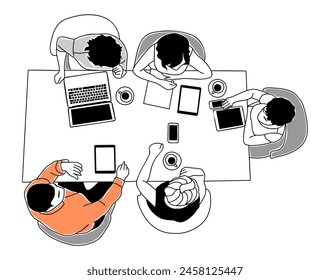 La gente de negocios está sentada alrededor de una mesa con laptops. Están discutiendo, haciendo tormentas de ideas, reuniéndose, trabajando juntos. La escena es un trabajo en equipo colaborativo y enfocado. Vista superior de la Ilustración vectorial.