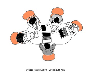 Business people are sitting around a table with laptops. They are discussing, brainstorming, meeting, working together. Scene is collaborative and focused teamwork. Vector illustration top view.