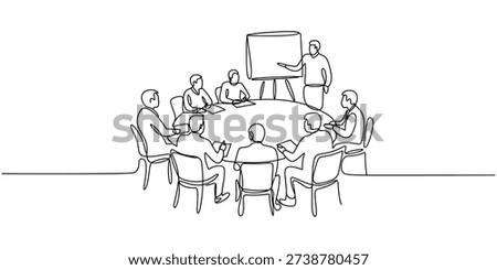 Business people sitting around table with one standing by whiteboard in meeting business meeting chairs