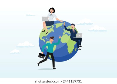 Business people sitting around world map on globe working with online computer, work from anywhere around the world, remote working or freelance, international company or global business (Vector)