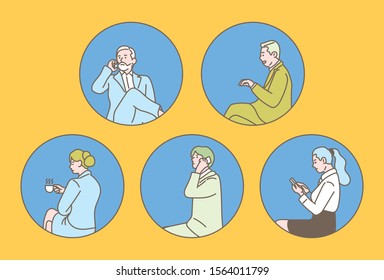 Business people sitting in a circular frame. hand drawn style vector design illustrations. The rest is covered by the mask.