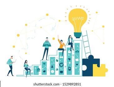 Business people sitting and climbing the growth chart of success. Working together, winning, achievement concept. 