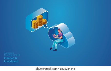 Empresarios sentados en la tecnología CLOUD, optimización de la creatividad y la innovación y desarrollo de flujo de trabajo de procesos de negocio, con la red Datos de dispositivos en línea Concepto vectorial isométrico