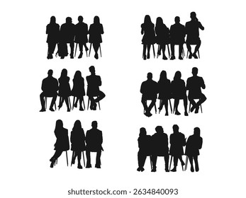 Business people sitting at a conference or other meeting are in silhouette. A vector set of detailed people sitting silhouettes isolated on a white background.