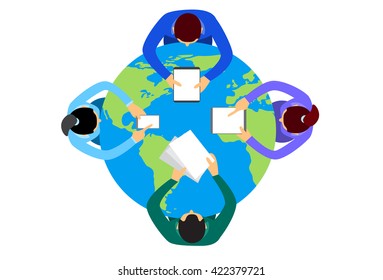 Business People Sitting Desk Globe Top View Global International Collaboration Flat Vector Illustration