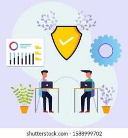 Business people are sitting at the desk with their laptops and giving each other advice. Office business concept. Modern vector illustration