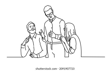 Business people are sitting at the negotiating table, collective thinking and brainstorming. Hand drawn vector illustration. Black and white.