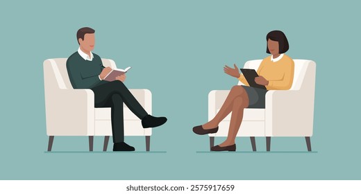 Business people sitting on armchairs and talking together, business and communication concept