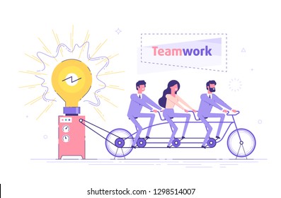 Business people are sitting on the bicycle and generating electric power for a large bulb. Idea generation. Brainstorm and teamwork cooperation concept. Modern vector illustration.