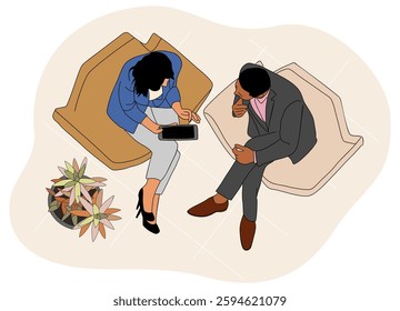 Business people are sitting on a couch, one of them is holding tablet. Business woman and businessman meeting, discussing in lounge zone top view sketch style hand drawn vector illustration isolated 