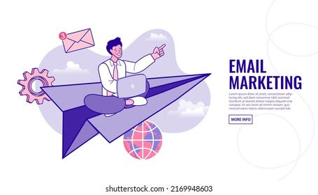 Business people sitting on flying paper planes. email marketing, newsletter, news, offers, promotions subscription. Follow us on social media concept. trendy style vector outline illustration.