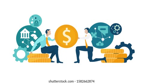 Business people sitting on the golden coins and making business agreement.  Relaxing after making a good deal. Businessmen sitting on the golden coins after finishing a chess game. Winner concept