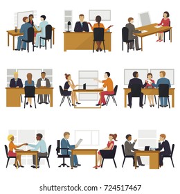 Business people sitting room long time amusing meeting candidates characters await in queue for job search interview vector illustration.