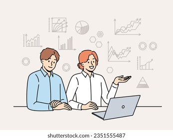 Business people are sitting at table with laptop, studying financial charts and graphs and using CRM software. Man and woman are participating in online meeting or discussing business indicators