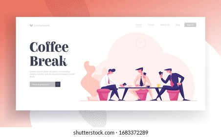 Business People Sitting at Table Playing Cards at Coffee Break Landing Page Template. Businessmen Characters Relaxing and Having Fun, Communicating and Chatting in Office. Cartoon Vector Illustration