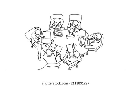 Business people sitting at table top view one line vector illustartion