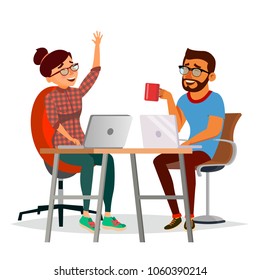Business People Sitting At The Table Vector. Laughing Friends, Office Colleagues Man And Woman Talking To Each Other. Business Team. Isolated Flat Cartoon Character Illustration