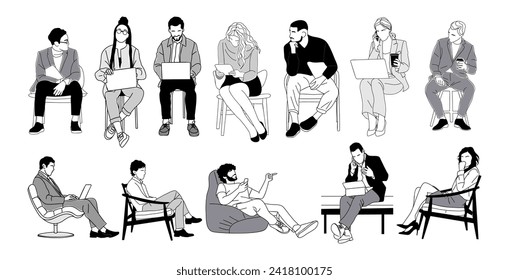 Business people sitting, taking part in meeting, business event. Set of Different female, male characters, laptop, coffee cup. Collection of vector line drawings isolated on white. Not generative AI