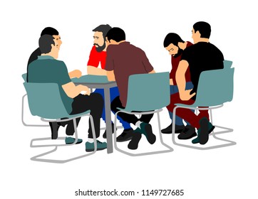 Business people sitting and talking about new idea. IT partners meeting. Break relaxation after work in restaurant. Desk table chairs. Group of friends drinking in bar. Social live brain storming team