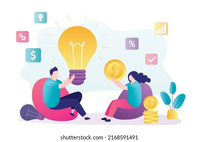 Business people are sitting and talking. Negotiations between business woman investor and an innovator man giving new idea. Getting investments for new profitable project. Flat vector illustration