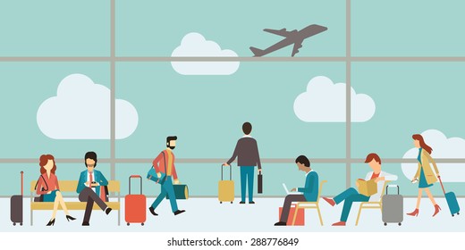 Business people sitting and walking in airport terminal, business travel concept. Flat design. 