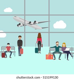 Business people sitting and walking in airport terminal, business travel concept. Flat design