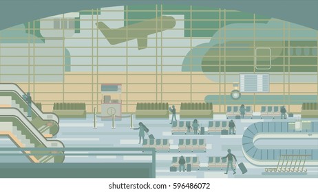 Business people sitting and walking in airport terminal, business travel concept. Flat design vector illustration.