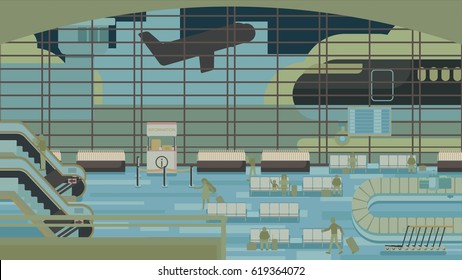 Business people sitting and walking in airport terminal, business travel concept. Flat design vector illustration.