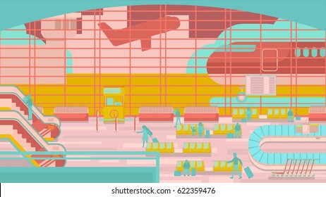 Business people sitting and walking in airport terminal, business travel concept. Flat design vector illustration.