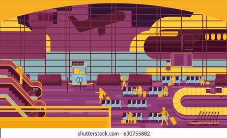 Business people sitting and walking in airport terminal, business travel concept. Flat design vector illustration.