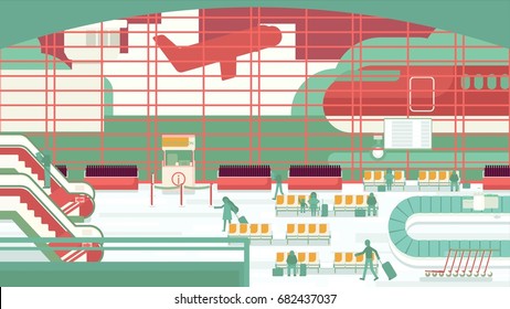 Business people sitting and walking in airport terminal, business travel concept. Flat design vector illustration.
