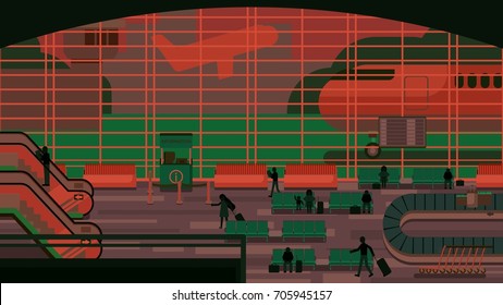 Business people sitting and walking in airport terminal, business travel concept. Flat design vector illustration.