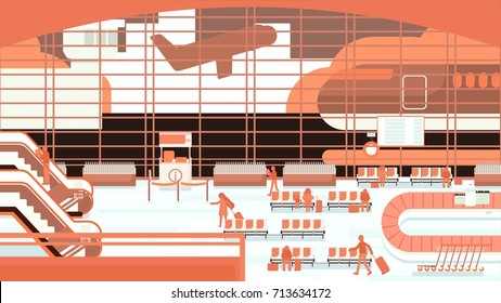 Business people sitting and walking in airport terminal, business travel concept. Flat design vector illustration.