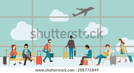 Business people sitting and walking in airport terminal, business travel concept. Flat design. 