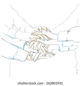 business people sketch team color draw line putting their pile of hands stack on top of each other, businesspeople vector illustration