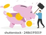 Business people with sledgehammers about to break pink piggy bank to find money. Flat vector illustration.

