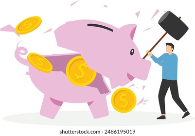 Gente de negocios con mazas a punto de romper la alcancía rosa para encontrar dinero. Ilustración vectorial plana.

